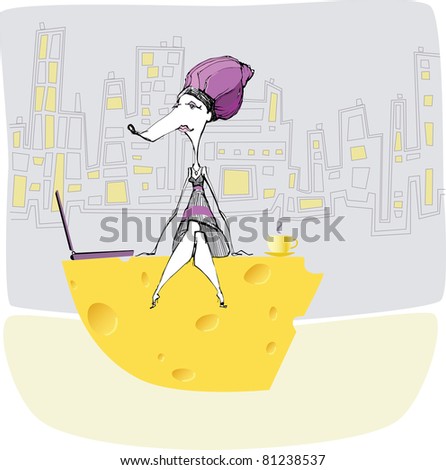 Stylish business mouse with laptop sitting on a big piece of cheese. Big abstract city on the background