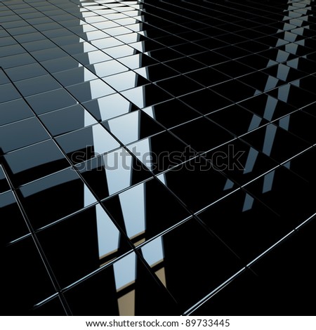 Background made of black flat glossy cubes with strong reflection. High resolution 3d-rendering, square format