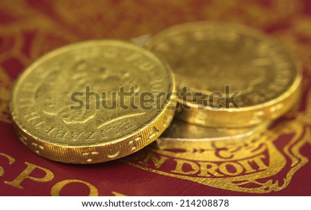 Close up of British Pound coin on passport