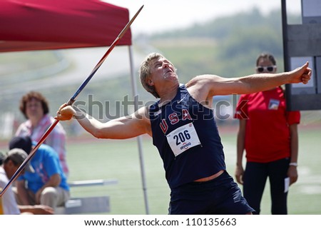 SAINT JOHN, CANADA - AUG 10: Edward Hearn of USA throws the javelin at the North, Central American & Caribbean Masters Track & Field Championships August 10, 2012 in Saint John, Canada.