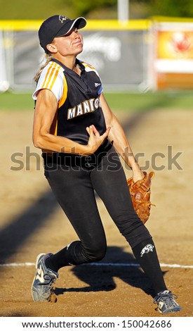 SHERBROOKE, CANADA - August 5: Manitoba pitcher Regan Lawrence in women\'s softball at the Canada Games August 5, 2013 in Sherbrooke, Canada.