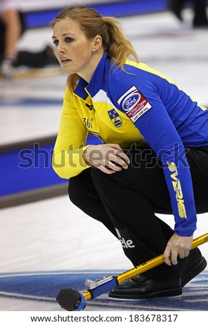 SAINT JOHN, CANADA - March 19: Sweden\'s Christina Bertrup at the Ford World Women\'s Curling Championship March 19, 2014 in Saint John, Canada.