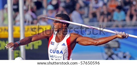 MONCTON, CANADA - JULY 21: Jose Angel Mendieta of Cuba performs the javelin throw as part of the decathlon at the 2010 IAAF World Junior Championships on July 21, 2010 in Moncton, Canada.