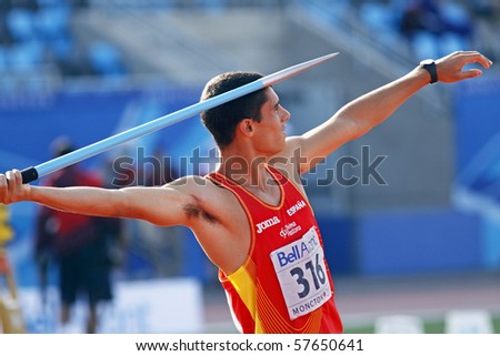 MONCTON, CANADA - JULY 21: Jonay Jordan of Spain (ESP) performs the javelin throw as part of the decathlon at the 2010 IAAF World Junior Championships on July 21, 2010 in Moncton, Canada.