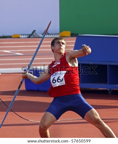 MONCTON, CANADA - JULY 21: Martin Roe of Norway performs the javelin throw as part of the decathlon at the 2010 IAAF World Junior Championships on July 21, 2010 in Moncton, Canada.