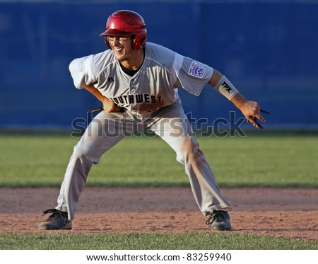 BANGOR, MAINE - AUGUST 18: Seth Gibson of US Southwest (Tyler, Texas) leads off second base at the Senior League Baseball World Series August 18, 2011 in Bangor, Maine.