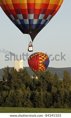 SUSSEX, CANADA - SEPTEMBER 8: Balloons fly near PotashCorp in Penobsquis at the Atlantic International Balloon Fiesta on September 8, 2011 in Sussex, Canada.