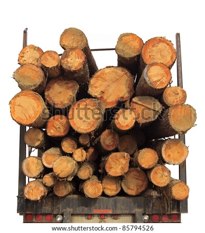 Rear of transport loaded with wood, isolated on white background.