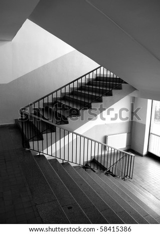 staircase with railings, indoor, black&white