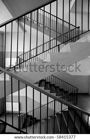 staircase with railings, indoor, black&white
