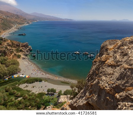 Preveli river, beach and palm wood, southern Crete, Greece. Rare palm tree forest for Europe.