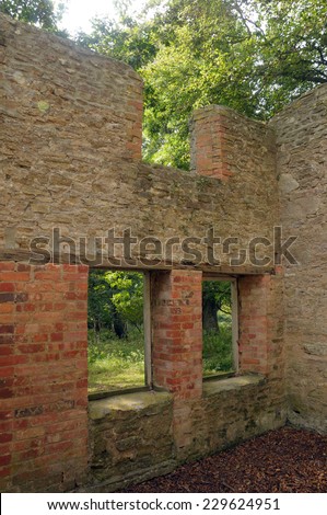 Interior of ruined cottage in deserted Dorset village of Tyneham