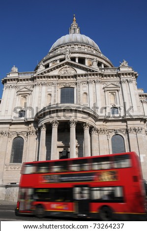 Red London bus and Christopher Wrens St Pauls Cathedral