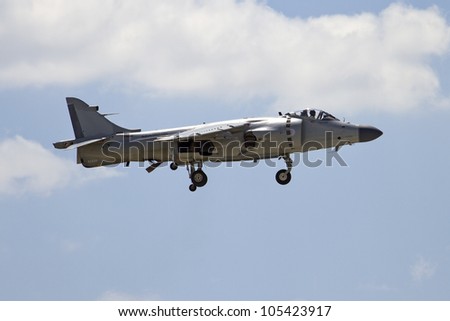 ROCKFORD, IL - JUNE 3: A military Harrier airplane in preparation of taking off at the annual Rockford Airfest on June 3, 2012 in Rockford, IL