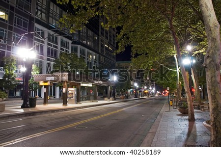 Salt Lake City, night scene, street, station, lights and buildings