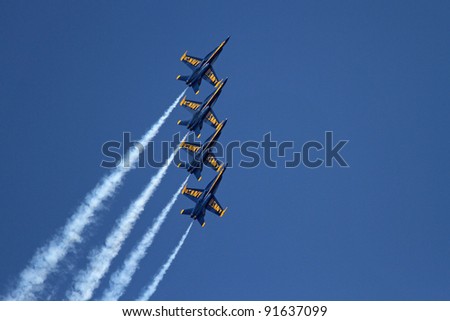CHICAGO, IL - AUGUST 14: Blue Angels formation demonstrates flying skills and aerobatics at the annual Chicago Air and Water show on August 14, 2010 in Chicago, IL