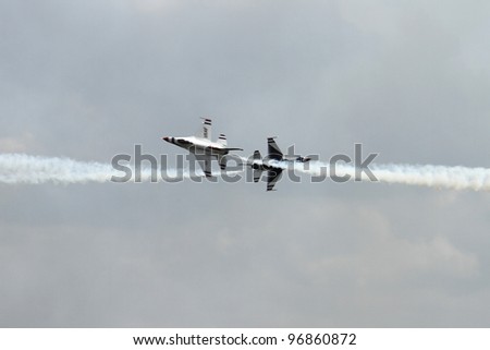 ROCKFORD, IL - JULY 31: U.S. Air Force Thunderbirds demonstrate flying skills the annual Rockford Airfest on July 31, 2010 in Rockford, IL