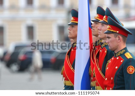 ST-PETERSBURG, RUSSIA - AUGUST 25: Russian Army commemorates 200th anniversary of 1812 Russian victory over French army on The Hermitage Palace Place. on August 25, 2012 in St-Petersburg, Russia