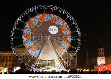 LYON, FRANCE - DECEMBER 10 : Festival of Lights in the streets of Lyon on December 10, 2010 in Lyon, France. The Festival expresses gratitude toward Mary, during 4 days around December 8 of each year