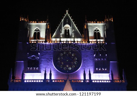 LYON, FRANCE - DECEMBER 6 : Festival of Lights on the monuments of Lyon on December 6, 2012 in Lyon, France. The Festival expresses gratitude toward Mary, mother of Jesus around December 8 each year