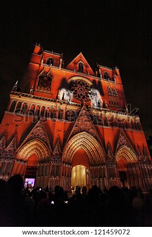 LYON, FRANCE - DECEMBER 9 : Festival of Lights in the streets of Lyon on December 9, 2012 in Lyon, France. The Festival of Lights expresses gratitude toward Mother Mary around December 8 of each year