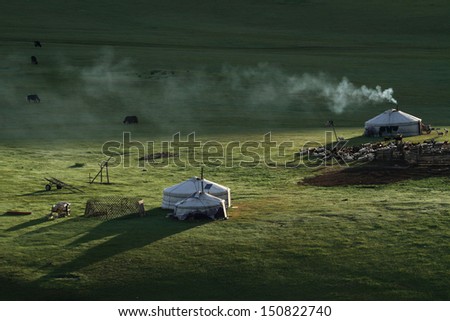 Smoke from the Yurts in the morning light