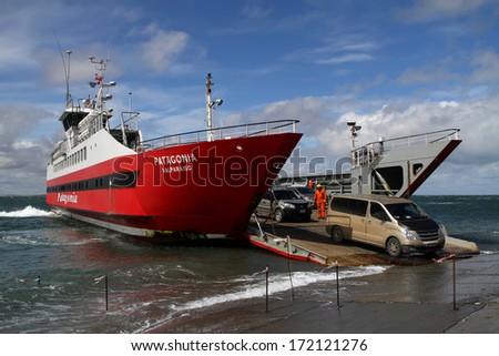 PUNTA DELGADA, CHILE - JANUARY 1, 2014 : The Patagonia ferry, in Punta Delgada ferry terminal. The ferry is the only way to cross the Straits of Magellan to join the island of Tierra del Fuego.