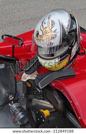 CHAMROUSSE, FRANCE, AUGUST 23, 2014 : Equipment for a driver during training for the annual uphill race. Hillclimbing is a branch of motorsport in which drivers compete against the clock.