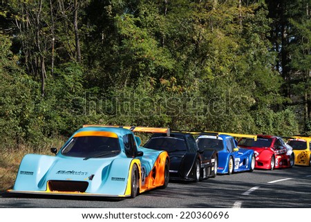 LIMONEST, FRANCE, SEPTEMBER 27, 2014 : Racing cars before the start of Uphill Race of Mont-Verdun, last stage of Coupe de France.