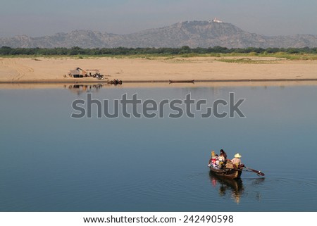 BAGAN, MYANMAR, December 10, 2014 : Traders transport foods and products to the market through Irrawaddy river. The river is just few kilometers away from old Bagan, a popular tourist attraction.