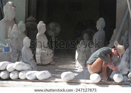 MANDALAY, MYANMAR, December 11, 2014 : Workshop in Mandalay. Among the traditional industries are  stone and wood carving, marble and bronze Buddha images, temple ornaments...