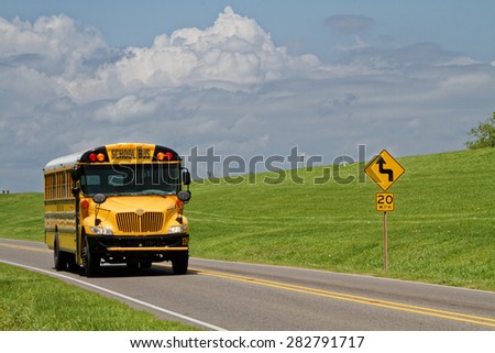 VACHERIE, LOUISIANA, May 4, 2015 : School bus on the road. School buses provide an estimated 10 billion student trips every year.