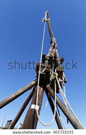 LARRESINGLE, FRANCE, June 25, 2015 : Catapults use weights and levers to send the rocks or other things into the air. Catapults were common in the Middle Ages