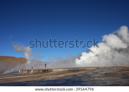 Steam of geysers in the morning light of Altiplano