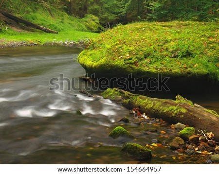 Big mossy sandstone boulders in clear water of mountain river. Broken mossy trunk on gravel at stream bank, bright green grass and fern above blurred waves.