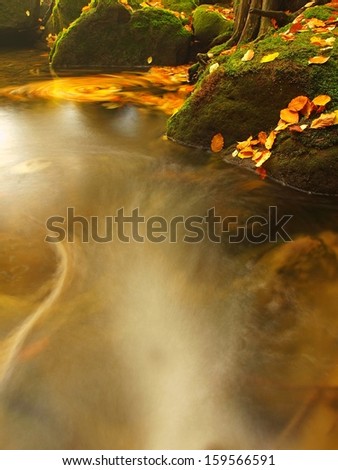 Water level of  small mountain stream with blurred colorful leaves, water is running between mossy sandstone boulders and bubbles create trails on level. Colorful leaves on stones and into water.