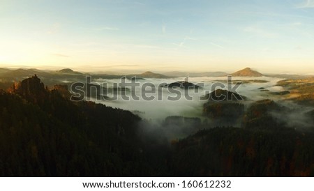 View into foggy gulch below view point in Bohemian Saxony Switzerland.  The fog is moving between hills and peaks of trees and makes with sun rays gentle reflections.