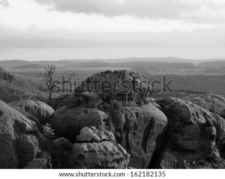 Autumn evening panorama view over sandstone rocks to fall valley of Saxony Switzerland. Sandstone peaks and hills increased from background. Black and white photo.