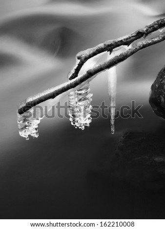 Night winter view to icicles on twigs and icy boulders above rapid stream. Reflections of head lamp in icicles. Black and white photo.