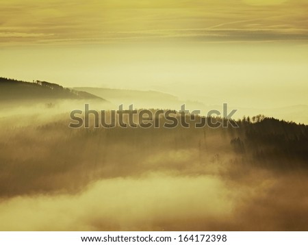 Autumn fogy daybreak in a beautiful mountain of Bohemia. Peaks of hills and trees  are sticking out from  yellow and orange waves of mist.