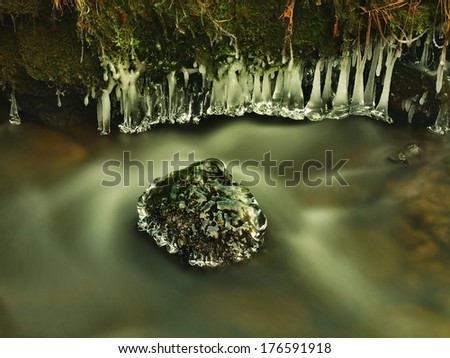Dark green cold water of mountain stream in winter time, long thin icicles are hanging above milky water level.