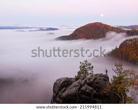 Full moon night with sunrise in a beautiful mountain. Colorful autumn hills increased from heavy fog.
