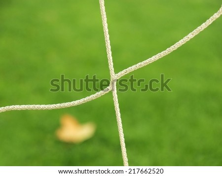 Detail of crossed soccer nets, soccer football in goal net with grass on football playground in the background