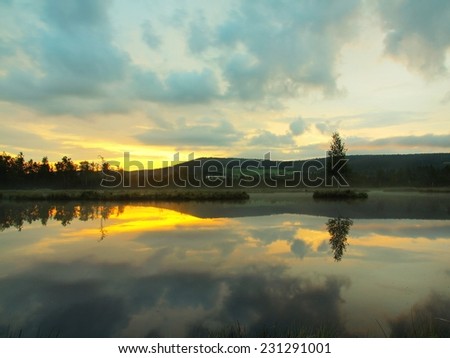 Daybreak autumn lake with mirror water level in mysterious forest, young tree on island in middle. Fresh green color of herbs and grass, blue pink clouds in sky.