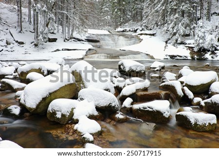 Winter at mountain river. Big stones in stream covered with fresh powder snow and lazy water with low level. Reflections of forest in water level.