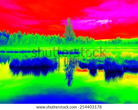 Mountain lake in middle of swamp with small island. Sky in mirror of water level, strange colors of thermography photo. Boulders and water level in shadows of trees.