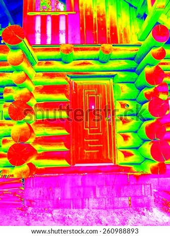 Detail of doors in beams wall in cabin. Traditional construction of timber house in  thermography scan.