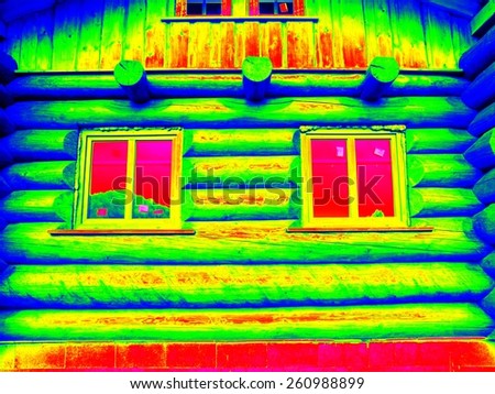 Detail of beams in cabin wall. Traditional construction of timber house in  thermography scan.