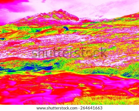 Spring mountains in infrared photo. Amazing thermography.  Hilly landscape in background.