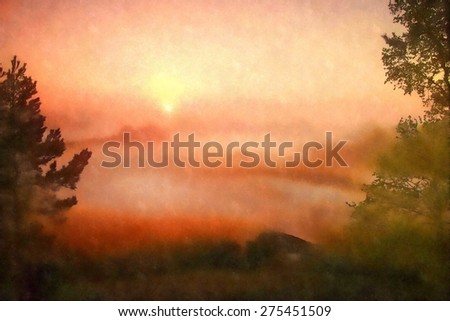 Watercolor paint. View through trees to deep misty valley within daybreak. Foggy and misty morning on the sandstone view point in national park Saxony Switzerland in Germany.